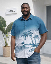 Big & Tall Men’s Gradient Coconut Tree Silhouette White & Blue Printed Short-Sleeve Button-Down Shirt