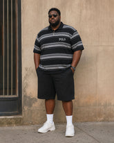 Big & Tall Men's Classic Black Striped Cloth Casual Business Hawaii Vacation POLO Shirt Short Sleeve Shorts Set