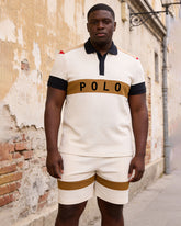 Big & Tall Men's Apricot & Brown Contrast Color Chest Large Label POLO Shirt Short Sleeve Shorts Set