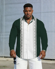 Men's Plus Size Casual Holiday White & Green Geometric Gentleman Wrinkle-Reproof New Lapel Long Sleeve Shirt