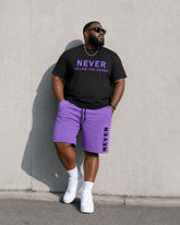 Big & Tall Men's Black & Purple Simple Letter Slogan Chest Printed Short-sleeved T-shirt Shorts Set