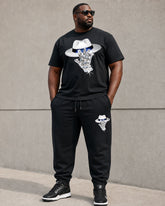Big & Tall Men's Mysterious Guest Pattern Printed Black Short-Sleeved T-Shirt Pants Set
