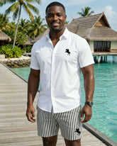 Big & Tall Men's White Pony Icon & Stripe With Button White Shirt Shorts Set