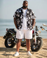 Big & Tall Men's Hawaiian Classic Black & White Floral Full Print Short Sleeve Cardigan Shirt Shorts Set