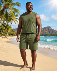 Hawaii Holiday Daily Small Coconut Tree Silhouette Print Army Green Vest Shorts Set Large Size Men
