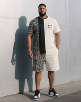 Big & Tall Men's Ethnic Pattern Stitching Chest Smiley Printed T-shirt Shorts Khaki Suit