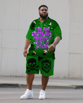 Big Men's Casual PRISON Style Bling Letter and Skull Printed Short-Sleeve Polo Shirt Shorts Set