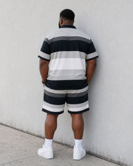 Big & Tall Men's Classic Black And White Grey Thick Stripe Contrast Chest Printed POLO Short Sleeve Shorts Set