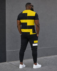 Big & Tall Men's Casual Simple Hiking Daily Yellow Irregular Square Printed Short Sleeve T-shirt Sports Pants Set