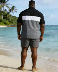 Men's Plus Size Black & White & Grey Simple Patchwork Printed Short Sleeve Shirt And Shorts Set