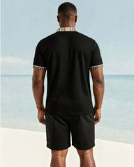 Big & Tall Men's Neckline Features Stitching Khaki Check POLO Short Sleeve Shorts Black Suit
