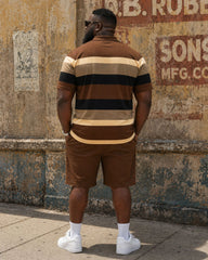 Big & Tall Men's Brown & Khaki Classic Coarse Stripe Color Matching Short Sleeve POLO Shirt Shorts Set