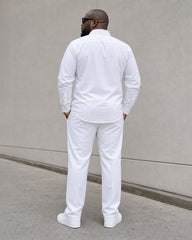 Big & Tall Men's White Simple Contrast Color Business Leisure Travel Party Long Sleeve Shirt Pants Set