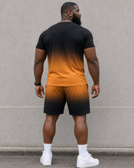 Big & Tall Men's Black & Orange Gradient KING Slogan Printed Short Sleeve T-Shirt Shorts Set