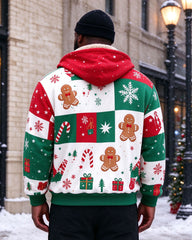 Large Size Men's Autumn And Winter Warm Fleece-lined Cold-proof Christmas Cartoon Merry Christmas Casual Jacket Hooded Jacket