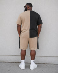 Big & Tall Men's Casual Simple Daily Black & Khaki Contrast Color Stitching Large Slogan Printed T-Shirt Shorts Set