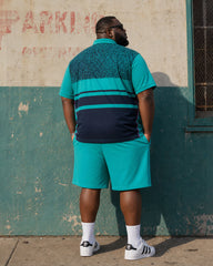Big & Tall Men's Lake Blue & Black Contrast Printed Zipper POLO Shirt Short Sleeve Shorts Set