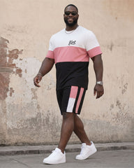 Big & Tall Men's Simple Leisure Daily Travel Vacation Stitching Short Sleeve T-Shirt Shorts Set