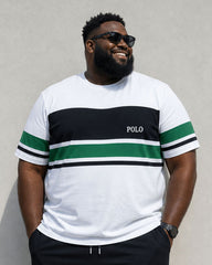 Big & Tall Men's Daily Travel Leisure Holiday Party White & Green & Black Striped Short Sleeve T-Shirt Shorts Set