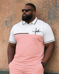 Big & Tall Men's White & Pink Chest Letter Print POLO Shirt Short Sleeve Shorts Set