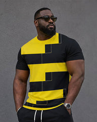 Big & Tall Men's Casual Simple Hiking Daily Yellow Irregular Square Printed Short Sleeve T-shirt Sports Pants Set