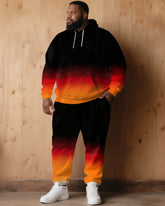 Large Size Men's Autumn And Winter Warm Cold-proof Red & Black Neon Gradient Contrast Hoodie Sweatpants Set