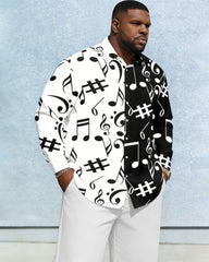 Men's Plus Size Casual Vacation Music Character Date White & Black Stitching Anti-Wrinkle New Lap Collar Long Sleeve Shirt