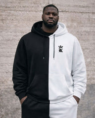 Large Size Men's Autumn And Winter Warm Cold-proof Black & White Contrast Stitching Printed Chest KING Hoodie Sweatpants Set