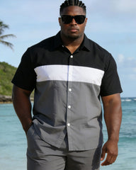 Men's Plus Size Black & White & Grey Simple Patchwork Printed Short Sleeve Shirt And Shorts Set