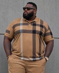 Big & Tall Men's Khaki Classic Large Plaid Daily Leisure Summer Vacation Party POLO Shirt Short Sleeve Shorts Set