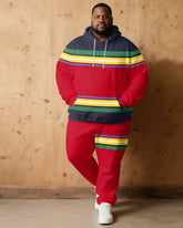 Large Size Men's Autumn And Winter Warm Cold-proof Brown Red & Rainbow Color Contrast Hoodie Sweatpants Set