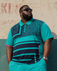 Big & Tall Men's Lake Blue & Black Contrast Printed Zipper POLO Shirt Short Sleeve Shorts Set