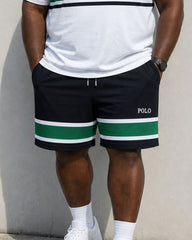 Big & Tall Men's Daily Travel Leisure Holiday Party White & Green & Black Striped Short Sleeve T-Shirt Shorts Set