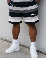 Big & Tall Men's Classic Black And White Grey Thick Stripe Contrast Chest Printed POLO Short Sleeve Shorts Set