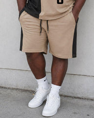 Big & Tall Men's Casual Simple Daily Black & Khaki Contrast Color Stitching Large Slogan Printed T-Shirt Shorts Set