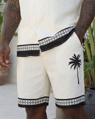 Big & Tall Men's Hawaiian Off-white Coconut Hem Cuffs Geometric Stitching Cuban Collar Short Sleeve Shirt Shorts Set