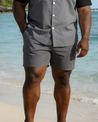 Men's Plus Size Black & White & Grey Simple Patchwork Printed Short Sleeve Shirt And Shorts Set