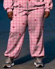 Women's Plus Size Pink Love Check Print Cardigan Hoodie Set