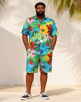 Big & Tall Men's Painted Tropical Floral Contrast Printed Short Sleeve Shirt Shorts Set