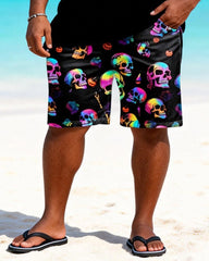 Big & Tall Men's Neon Skull Trendy Cool Printed Crewneck Short Sleeve T-Shirt Shorts Set
