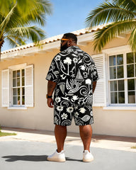 Big & Tall Men's Black And White Nautical Elements Print Short Sleeve Shirt Shorts Set