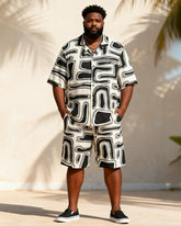 Big & Tall Men's Black And White Flowing Geometric Print Short Sleeve Shirt Shorts Set