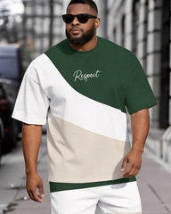 Big & Tall Men's Green And White Card And Its Oblique Spelling Respect Letter Printed Crew Neck Short Sleeve T-shirt Shorts Set