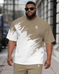 Big & Tall Men's Khaki White Splash Ink Lightning Print Round Neck Short Sleeve T-shirt Shorts Set