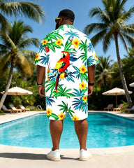 Big & Tall Men's Pink Green Parrot Coconut Tree Print Short Sleeve Shirt Shorts Set