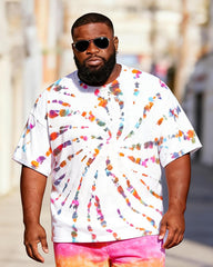 Big & Tall Men's Rainbow Spiral Tie-Dye Printed Round Neck Short Sleeve T-Shirt Shorts Set
