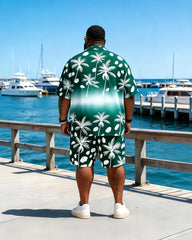 Big & Tall Men's Blue And White Splash Ink Coconut Printed Short Sleeve Shirt Shorts Set