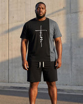 Big & Tall Men's Black & Grey Classic Embellished Chest Printed Short Sleeve T-Shirt Shorts Set