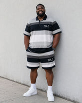 Big & Tall Men's Classic Black And White Grey Thick Stripe Contrast Chest Printed POLO Short Sleeve Shorts Set