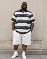 Big & Tall Men's Classic Black And White Coarse Stripes Casual Business POLO Shirt Short Sleeve Shorts Set